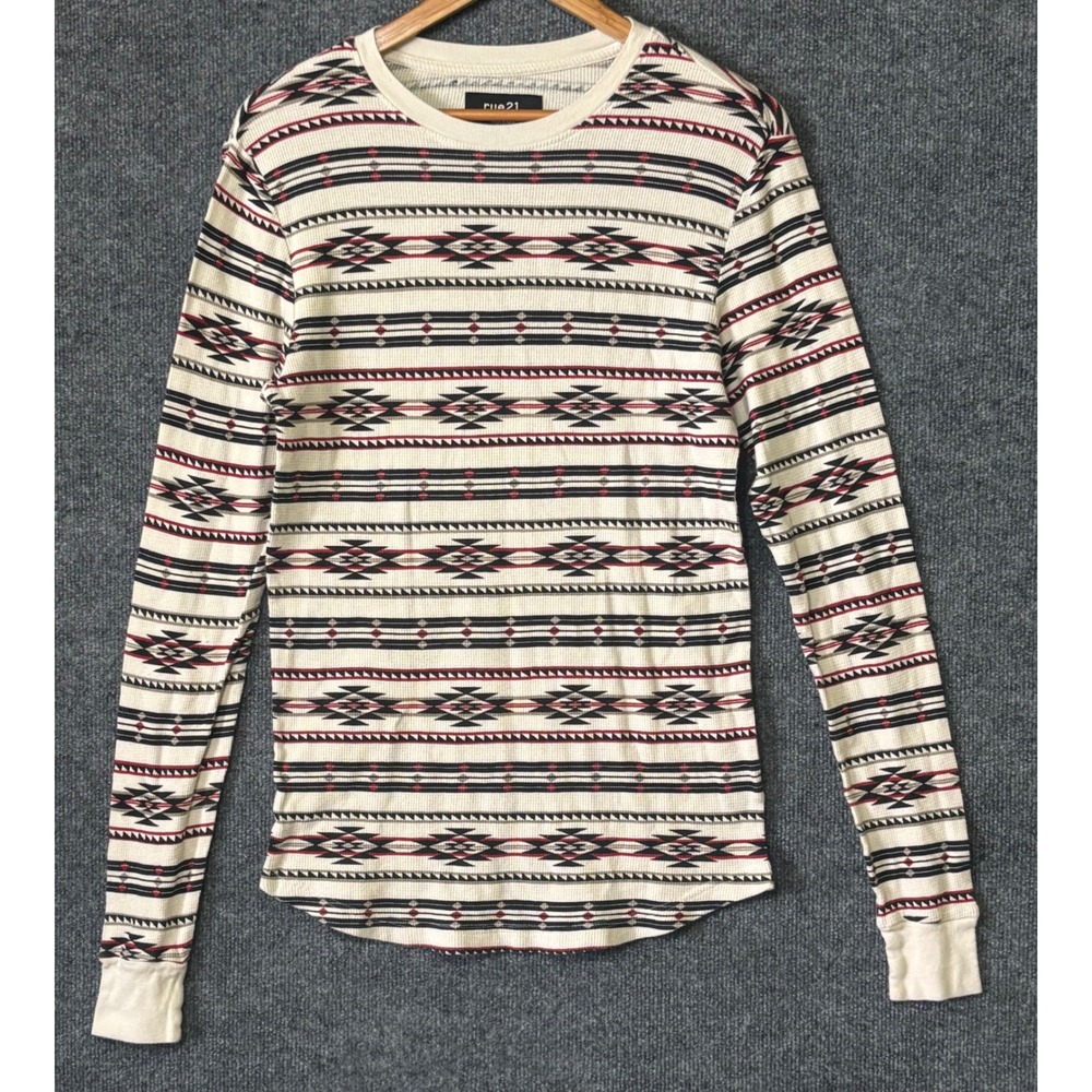 Rue21 Womens Medium Southwestern Thermal Long Sleeve Waffle Knit Shirt Cream Red